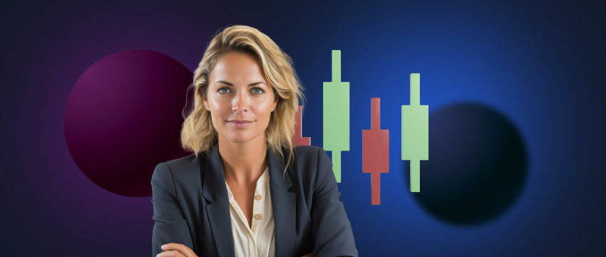 A woman in a professional suit stands before a bar chart, representing her engagement in trading and market trends.