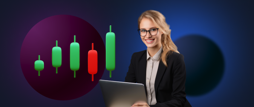 Une femme professionnelle portant des lunettes et un tailleur examine un ordinateur portable, concentré sur des graphiques de trading sur le marché des changes.