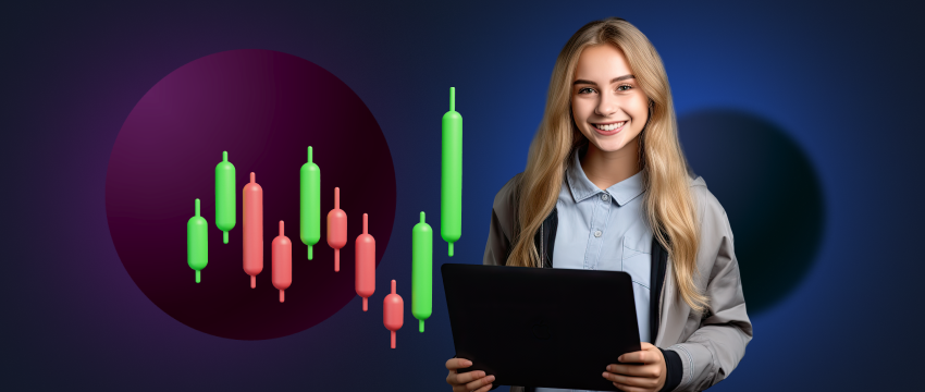 Uma mulher concentrada no seu computador portátil, analisando indicadores de negociação forex, representando a sua viagem em direção ao sucesso financeiro.