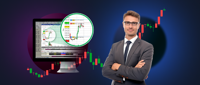 A man in a suit and tie stands confidently before a computer screen displaying the MetaTrader 4 trading platform.