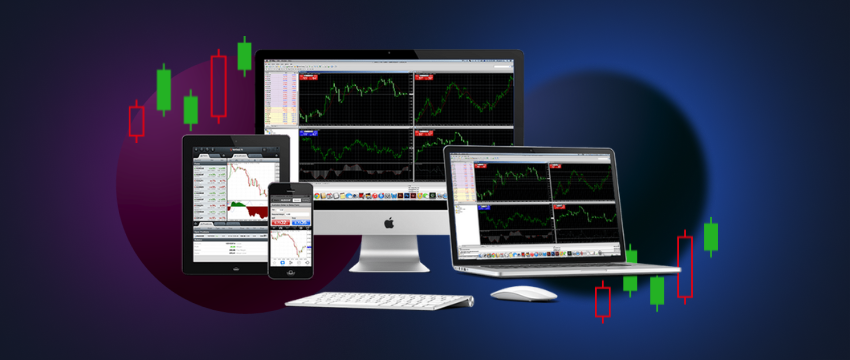 Appareils comprenant un ordinateur, un téléphone et une tablette affichant une image d'indicateur pour l'analyse de trading en direct sur la plateforme MT4.