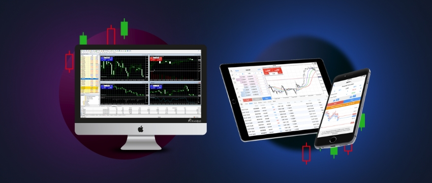 An image featuring two computers alongside a tablet, all displaying an indicator related to the MT4 mobile platform.