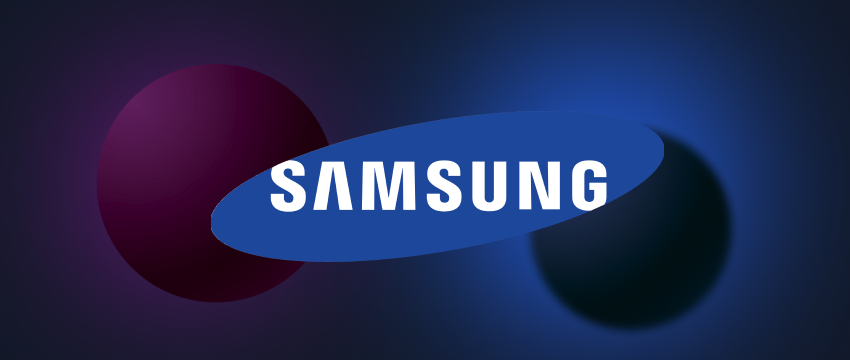 Samsung logo is in the background and an analysis of Samsung, focusing on its specifications and stock performance.