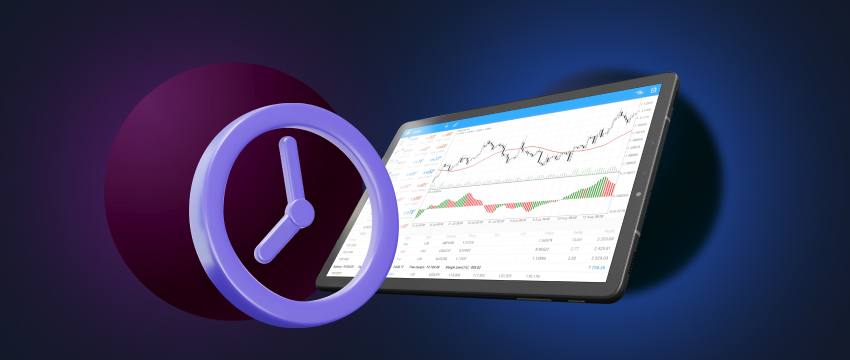 A tablet displaying a stock chart alongside a clock, illustrating time-frame trading on an MT4 platform.