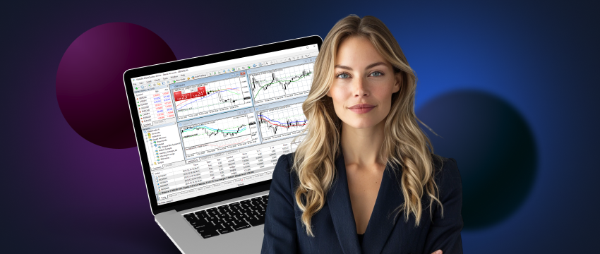 A business-suited woman sits before her laptop, engaged in online trading analysis using MT4.