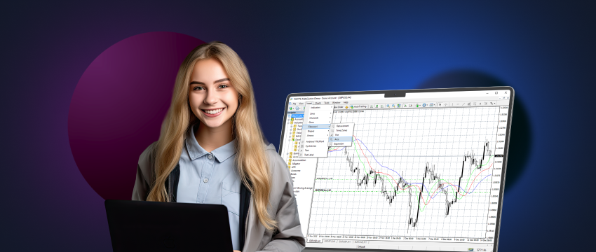 A woman beams while holding a laptop that shows a stock chart, symbolizing her journey as a forex trader selecting the ideal broker.