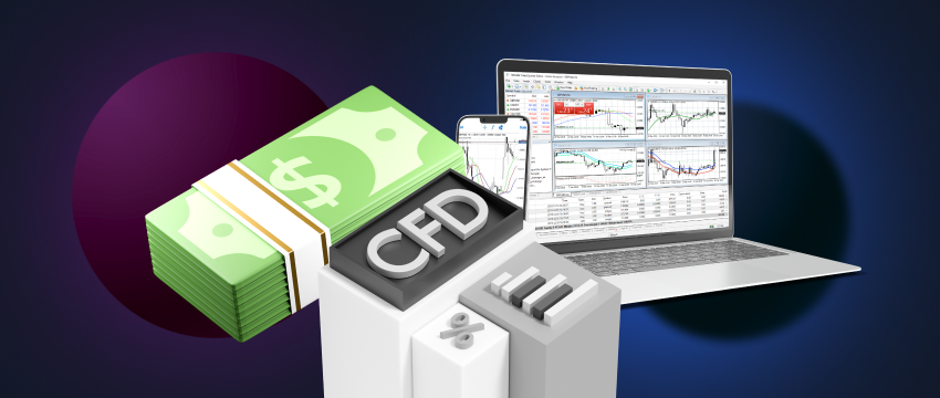 Forex trading depicted on a laptop screen using the MetaTrader 4 platform, highlighting CFDs and investment opportunities.