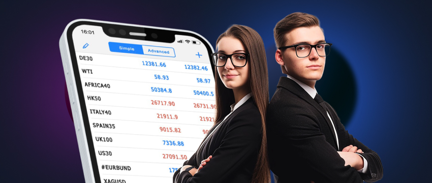 A man and woman in business attire analyze a metatrader 4 app on a phone, representing mobile trading expertise.