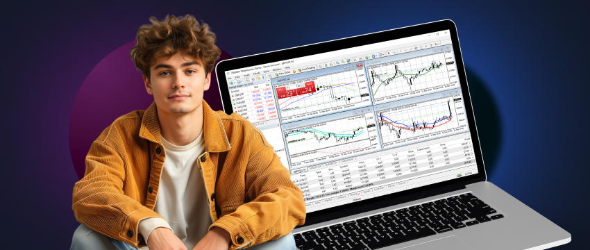 A man analyzes a stock chart on his laptop, utilizing MetaTrader 4 (MT4), an ideal platform for beginner traders.