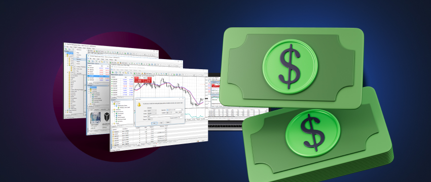 Visual representation of forex trading, emphasizing currency and money, with a focus on winning trades on the MT4 platform.