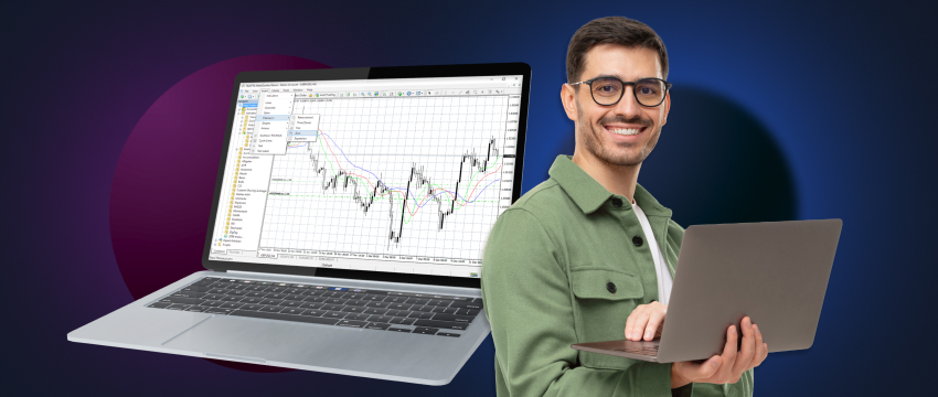 A man with a laptop showing a stock chart, illustrating a beginner trader engaged in online forex trading