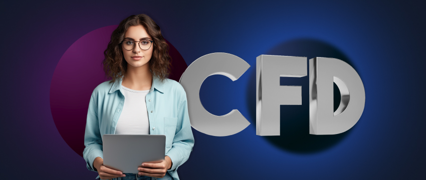 Woman analyzing data on a laptop displaying the word "CFD," representing trading on MetaTrader 4.