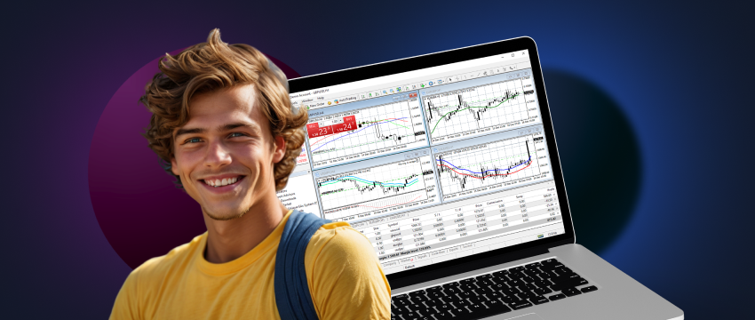 Un homme joyeux est positionné devant un ordinateur portable, affichant un sourire éclatant qui reflète son humeur positive.