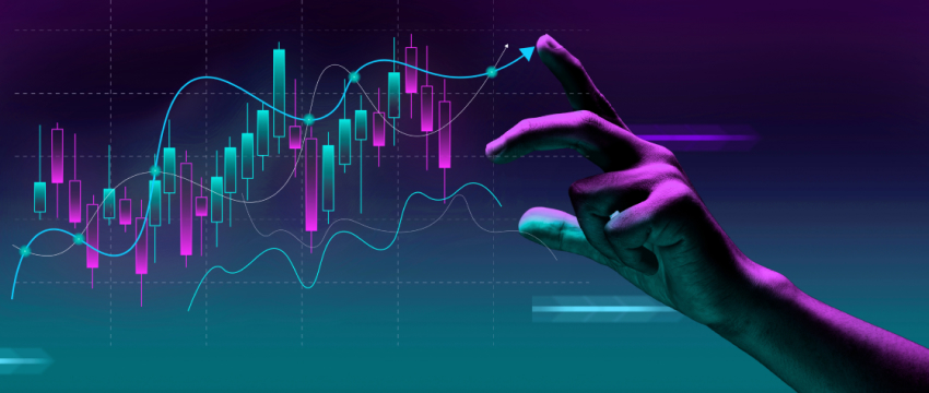 A hand gestures towards a chart set against a purple background, highlighting key data for automated trading strategies.