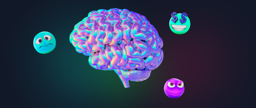 Un cerveau vibrant avec un visage souriant et un visage triste, représentant les aspects émotionnels de la psychologie et du succès dans le trading forex.